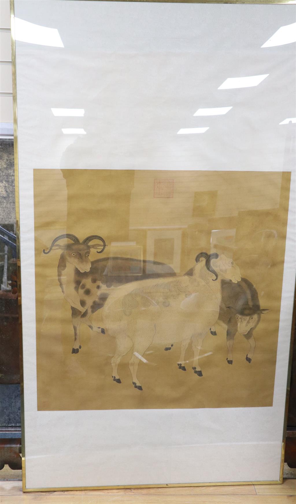 Chinese School (early 20th century), Two Rams and Ewe, 87 x 87cm, overall 172 x 98cm